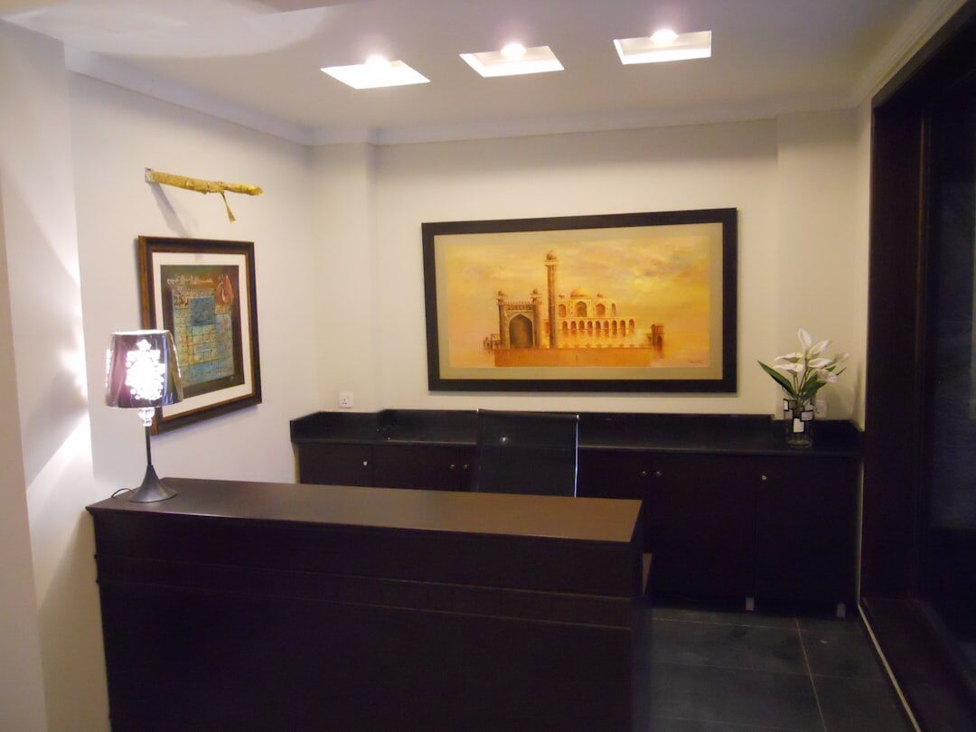 Bright modern office reception area with seating