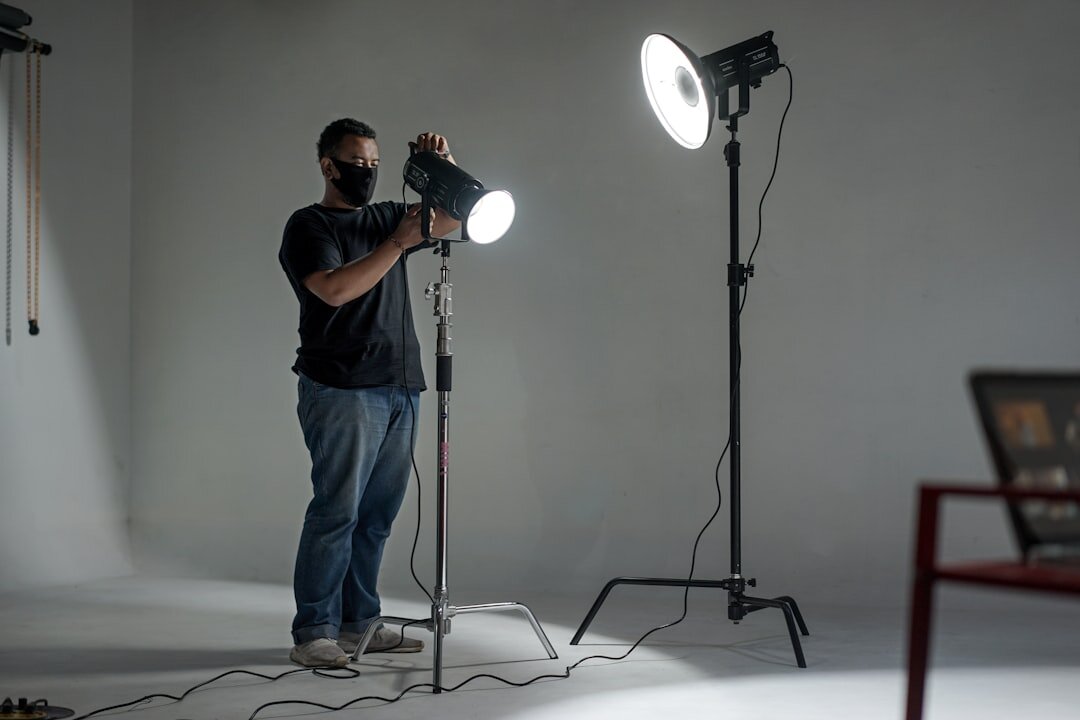 Studio lighting equipment and softboxes set up for filming